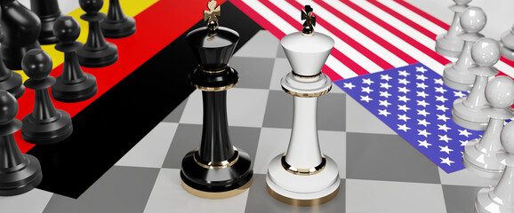 Germany and USA - talks, debate, dialog or a confrontation between those two countries shown as two chess kings with flags that symbolize art of meetings and negotiations, 3d illustration