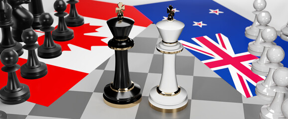 Canada and New Zealand - talks, debate, dialog or a confrontation between those two countries shown as two chess kings with flags that symbolize art of meetings and negotiations, 3d illustration