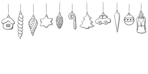 Vector Christmas and New Year background with Hanging outline toys, balls, decorations for xmas tree, in doodle style