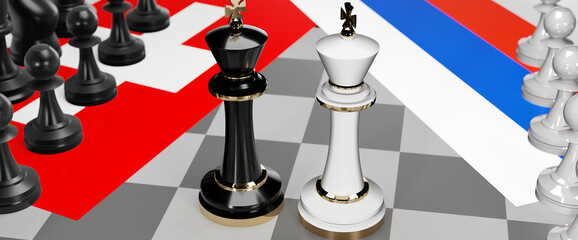 Switzerland and Russia - talks, debate, dialog or a confrontation between those two countries shown as two chess kings with flags that symbolize art of meetings and negotiations, 3d illustration