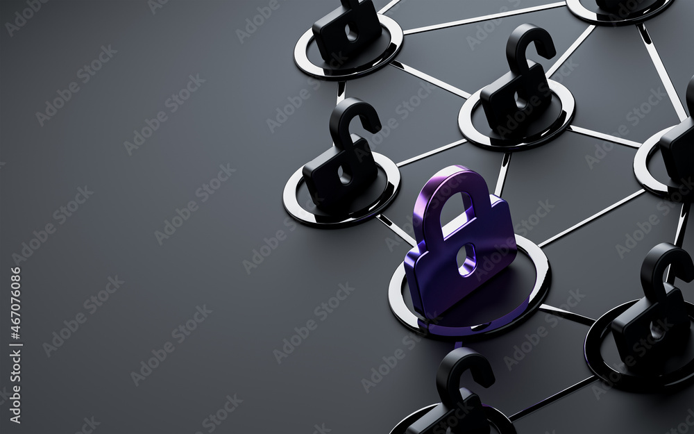 Poster dark metallic lock and unlock sign minimal style social networking iconic background 3d render