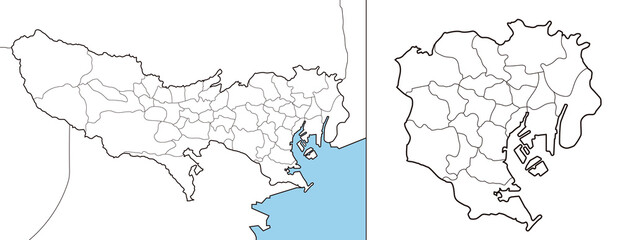 東京都の地図のイラストレーション。23区26市3町1村。各区市町村ごとバラバラになります。