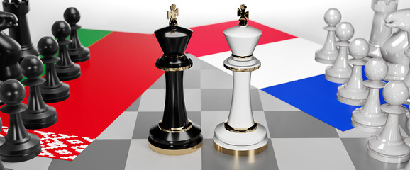 Belarus and France - talks, debate, dialog or a confrontation between those two countries shown as two chess kings with flags that symbolize art of meetings and negotiations, 3d illustration