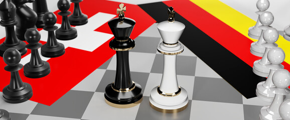 Switzerland and Germany - talks, debate, dialog or a confrontation between those two countries shown as two chess kings with flags that symbolize art of meetings and negotiations, 3d illustration