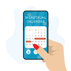 Hand holds smartphone with application to track menstrual cycle. Girl checks menstrual period by app. Menstruation calendar on phone screen. Days of menstruation marked in red.