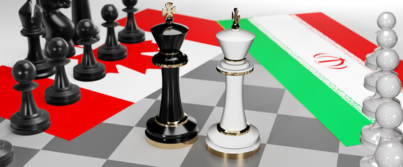 Canada and Iran - talks, debate, dialog or a confrontation between those two countries shown as two chess kings with flags that symbolize art of meetings and negotiations, 3d illustration