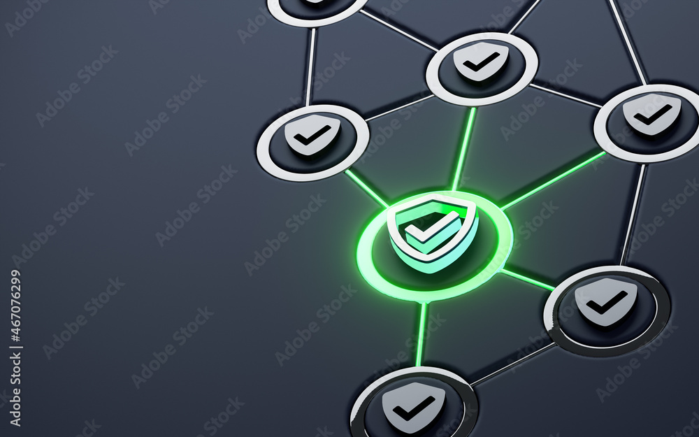 Poster shield check neon sign glowing social networking iconic dark metallic background 3d rendering