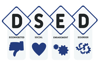 DSED - Disinhibited Social Engagement Disorder acronym. business concept background.  vector illustration concept with keywords and icons. lettering illustration with icons for web banner, flyer