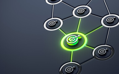 bullseye arrow Neon sign Glowing social networking iconic dark metallic background 3d rendering