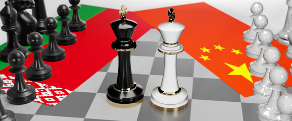 Belarus and China - talks, debate, dialog or a confrontation between those two countries shown as two chess kings with flags that symbolize art of meetings and negotiations, 3d illustration
