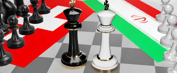 Switzerland and Iran - talks, debate, dialog or a confrontation between those two countries shown as two chess kings with flags that symbolize art of meetings and negotiations, 3d illustration
