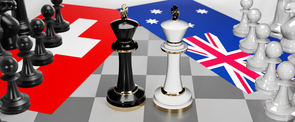 Switzerland and Australia - talks, debate, dialog or a confrontation between those two countries shown as two chess kings with flags that symbolize art of meetings and negotiations, 3d illustration