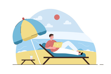 Happy freelance man working on sea beach with laptop. Self-employment, vacation and digital technology concept. Modern flat vector illustration
