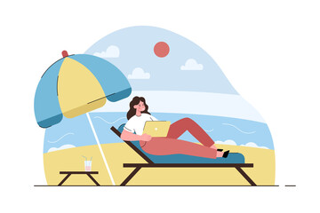Happy freelance woman working on sea beach with laptop. Self-employment, vacation and digital technology concept. Modern flat vector illustration