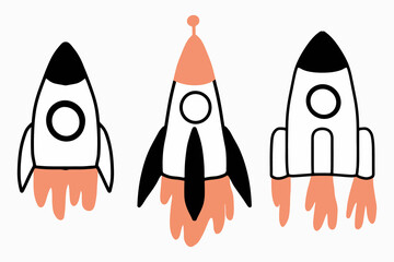 Hand-drawn set of rockets. Set of children's rockets.
