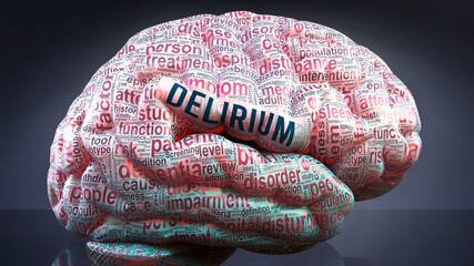 Delirium in human brain, hundreds of crucial terms related to Delirium projected onto a cortex to show broad extent of the condition and to explore concepts linked to it, 3d illustration - obrazy, fototapety, plakaty