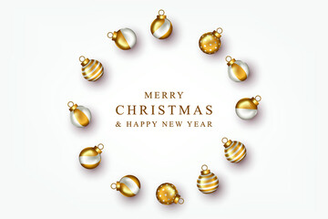 Merry Christmas and Happy New Year background with realistic golden and white decorative balls 