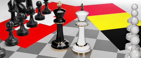 Switzerland and Belgium - talks, debate, dialog or a confrontation between those two countries shown as two chess kings with flags that symbolize art of meetings and negotiations, 3d illustration