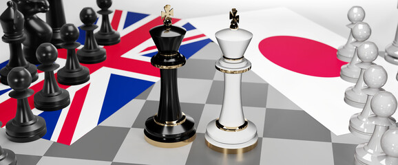 UK England and Japan - talks, debate, dialog or a confrontation between those two countries shown as two chess kings with flags that symbolize art of meetings and negotiations, 3d illustration