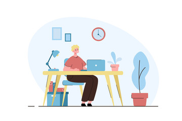 Man working at home office. Freelance, self employed or studying concept. Modern flat vector illustration