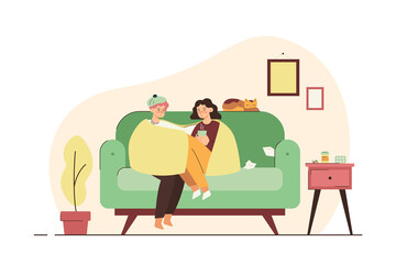 Sick couple in blanket sitting on the couch with a pet. Fever, illness, medication, high body temperature. Healthcare and isolation concept. Modern flat vector illustration