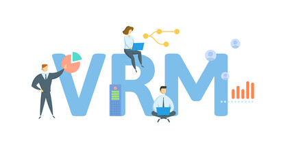 VRM, Vendor Relationship Management. Concept with keyword, people and icons. Flat vector illustration. Isolated on white.