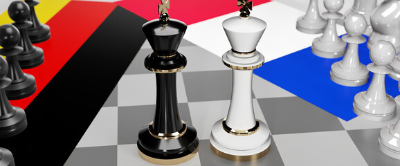 Germany and France - talks, debate, dialog or a confrontation between those two countries shown as two chess kings with flags that symbolize art of meetings and negotiations, 3d illustration