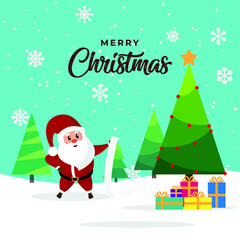 Merry Christmas Wishing card with Santa decorated Christmas tree gifts and snowflakes