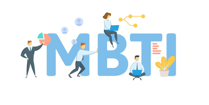 MBTI, Myers-Briggs Type Indicator. Concept with keyword, people and icons. Flat vector illustration. Isolated on white.