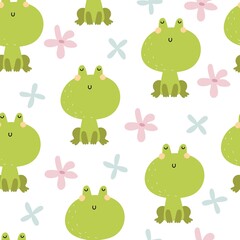 Obraz premium seamless pattern with cartoon frog. colorful vector for kids, flat style. Baby design for fabric, textile, print, wrapper.