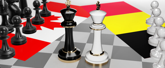 Canada and Belgium - talks, debate, dialog or a confrontation between those two countries shown as two chess kings with flags that symbolize art of meetings and negotiations, 3d illustration