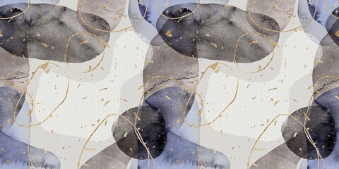 Seamless watercolor abstract organic blob shape overlay w gold lines and flecks border pattern. High quality illustration. Wet paint wash with metallic glitter strips. Repeat surface design for print