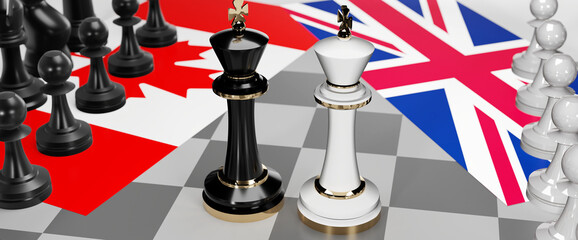 Canada and UK England - talks, debate, dialog or a confrontation between those two countries shown as two chess kings with flags that symbolize art of meetings and negotiations, 3d illustration