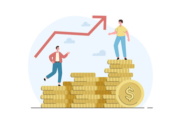 Investors walking success ladder or steps. Characters follow growing arrow. High potential and personal developement, rich and wealth concept. Modern flat vector illustration