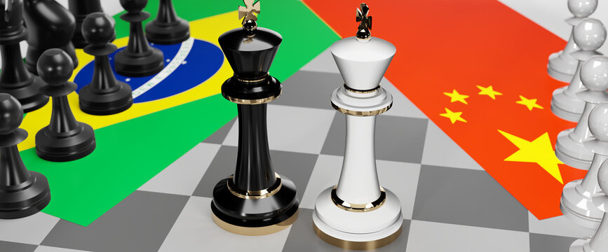 Brazil and China - talks, debate, dialog or a confrontation between those two countries shown as two chess kings with flags that symbolize art of meetings and negotiations, 3d illustration
