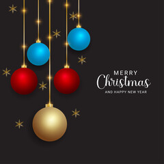 Fototapeta na wymiar Merry christmas and happy new year realistic christmas balls golden snowflakes with christmas lights and black background
