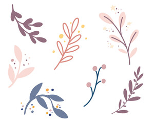 Fototapeta na wymiar Branches set for decoration. Boho Floral elements in pastel colors. Perfect for baby shower, birthday, children's party, clothing prints. Hand Draw Vector illustration.