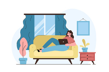 Woman lying on the couch working from home in modern interior. Freelance, self employed or studying concept. Flat vector illustration