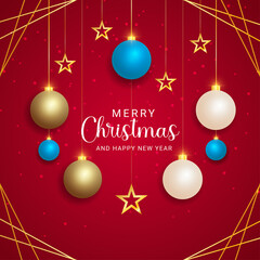 Merry christmas and happy new year realistic golden and sky blue balls golden stars with red background