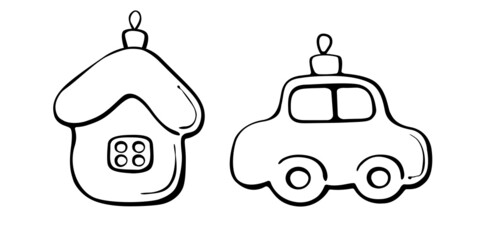Set of vector outline glass xmas tree toys, decorations in form of car and house, doodle style. Clipart for Merry xmas and happy new year greeting card, coloring page, template for children creativity