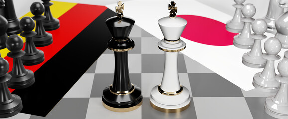 Germany and Japan - talks, debate, dialog or a confrontation between those two countries shown as two chess kings with flags that symbolize art of meetings and negotiations, 3d illustration