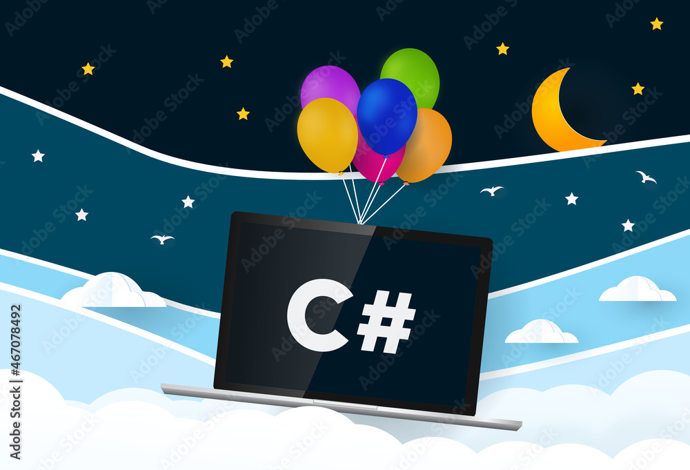 Poster c sharp programming language. balloons carries laptop with word c#