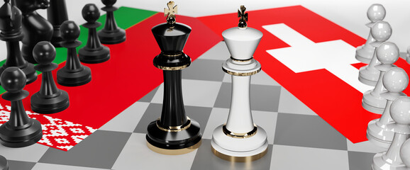 Belarus and Switzerland - talks, debate, dialog or a confrontation between those two countries shown as two chess kings with flags that symbolize art of meetings and negotiations, 3d illustration