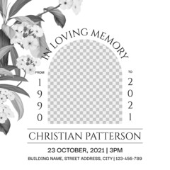 Floral memorial and funeral invitation card template design, white decorated with black and white Woolly rock jasmine flowers and leaves - obrazy, fototapety, plakaty