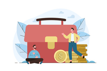 Two tiny investors at briefcase. Invest portfolio concept. High potential and personal developement, financial planning,  increase wealth. Modern flat vector illustration