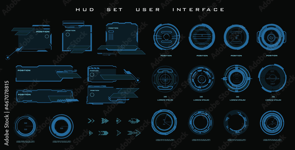 Poster hud ui elements set. scopes and navigation elements for the game interface. dialog boxes. set futuri