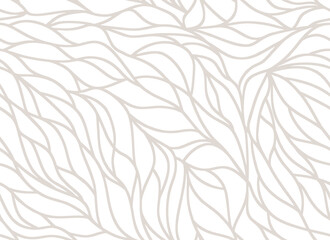 Curly waves tracery, curved lines, stylized abstract petals pattern. Seamless leaf background. Beige outline white texture. Organic wallpapers for printing on paper or fabric. Vector