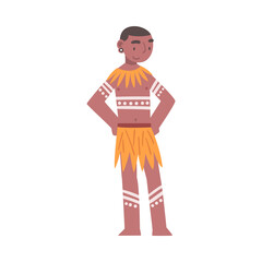 Barefoot African Aboriginal Man Character Dressed in Traditional Tribal Clothing Vector Illustration