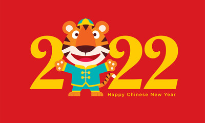 Happy Chinese New Year 2022 greeting card with flat design cartoon cute tiger wearing traditional chinese costume and open arm