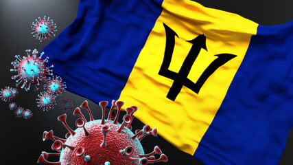 Barbados and the covid pandemic - corona virus attacking national flag of Barbados to symbolize the fight, struggle and the virus presence in this country, 3d illustration